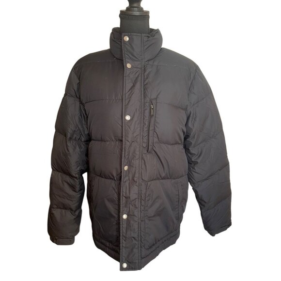 Lands End Mens Black Down Puffer Jacket M 38/40 Nylon Shell Travel PackableZip